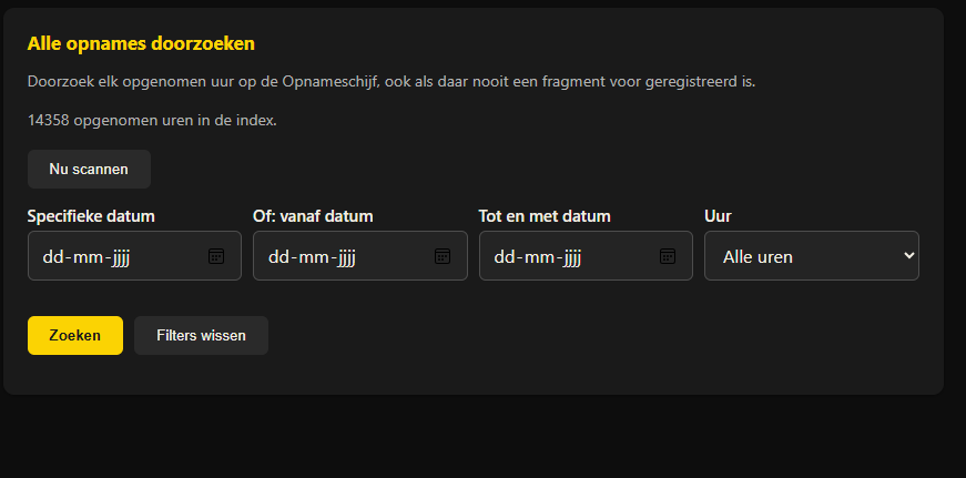 Scherm 'Alle opnames doorzoeken' met 14358 opgenomen uren in de index en filters op datum en uur.